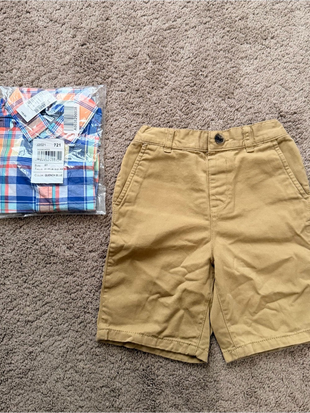 Size 5T Boys' Khaki Flat-Front Shorts and Short Sleeve Button Down Bundle